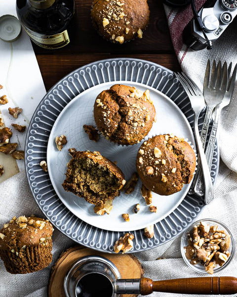 Vegan & Gluten-Free Banana Walnut Muffins on White and Grey Plate with Forks